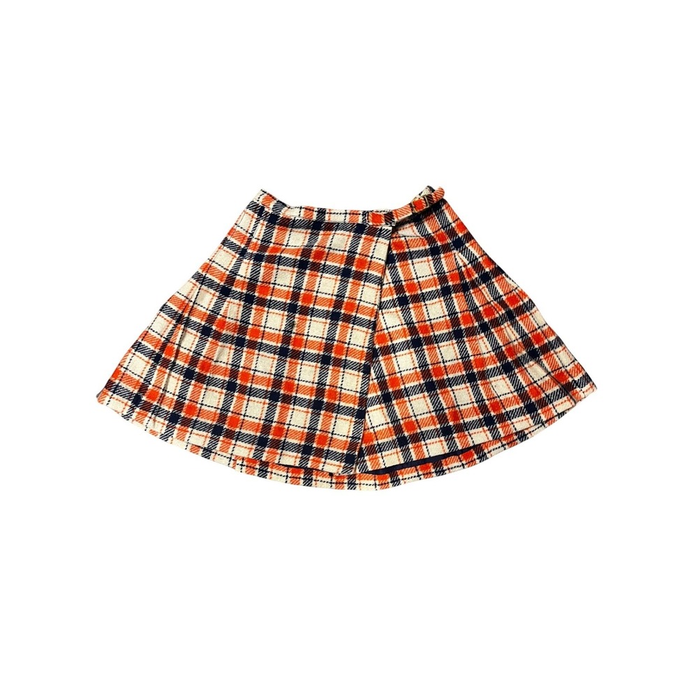 Plaid Pleated Mini Skirt Wool Look Orange Blue Vintage Handmade